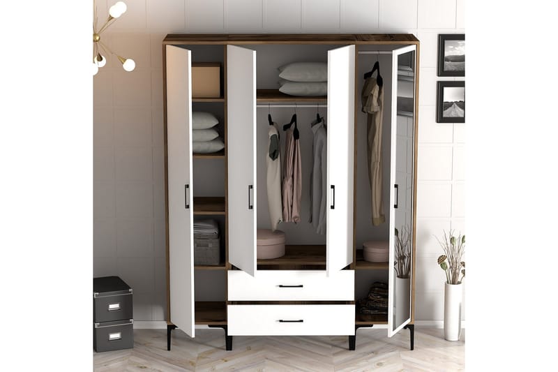 Vaatekaappi peilillä Kumsal - Valkoinen/Ruskea - Säilytys - Vaatesäilytys - Vaatekaappi