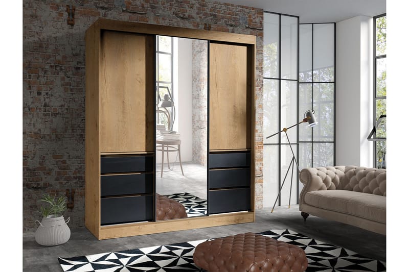 Vaatekaappi Peilillä Thiote 180x216x65 cm - Musta - Säilytys - Vaatesäilytys - Vaatekaappi