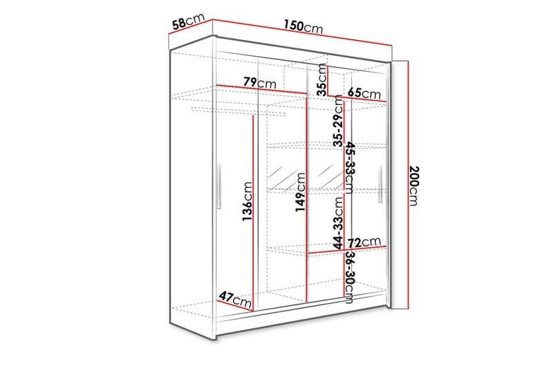 Vaatekaappi Presto 150 cm liukuovet Kapea Peili - Tammi - Vaatekaappi