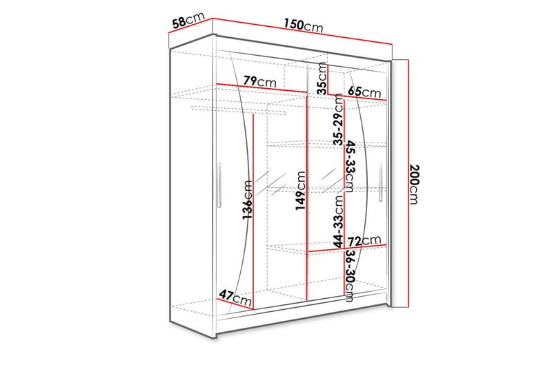 Vaatekaappi Presto 150 cm liukuovet Kaareva Peili - Valkoinen - Säilytys - Vaatesäilytys - Vaatekaappi