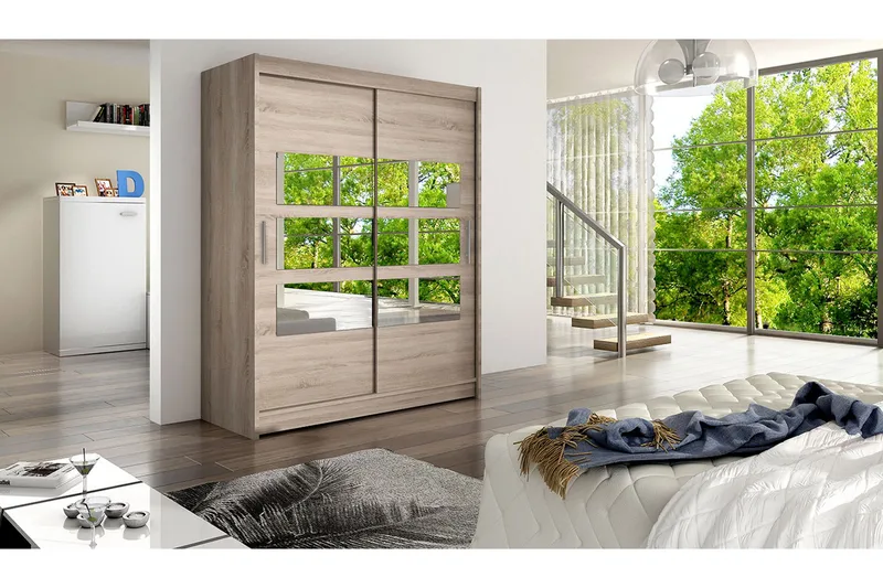 Vaatekaappi Presto 150 cm liukuovet Osittainen Peili - Tammi - Säilytys - Vaatesäilytys - Vaatekaappi