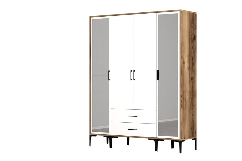 Vaatekaappi peilillä Minar - Valkoinen/Ruskea - Säilytys - Vaatesäilytys - Vaatekaappi
