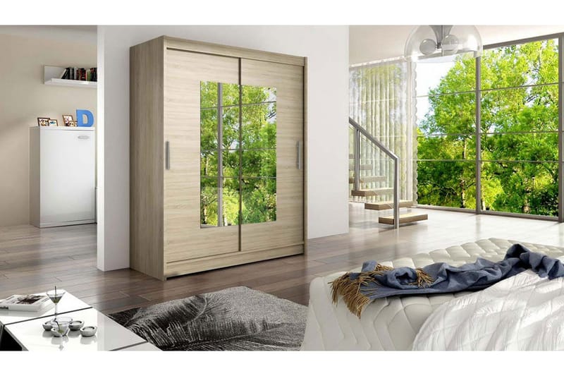 Vaatekaappi Presto liukuovet Kapea Neliskulmainen Peili - Vaalea Tammi - Säilytys - Vaatesäilytys - Vaatekaappi