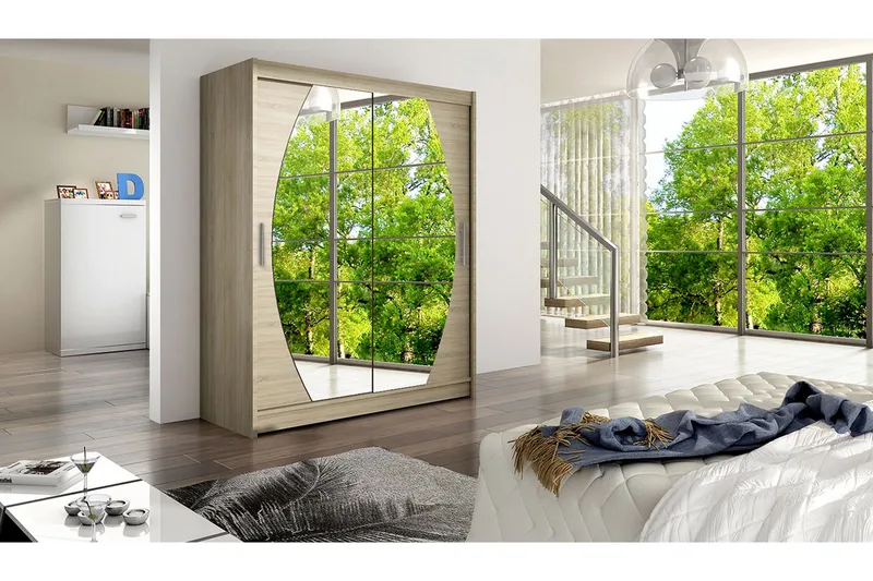 Vaatekaappi Presto liukuovet Pyöreä Peili - Vaalea Tammi - Säilytys - Vaatesäilytys - Vaatekaappi