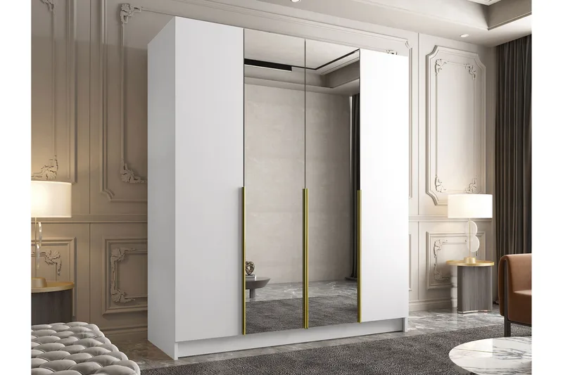 Vaatekaappi Peilillä Vadstena 200 cm - Valkoinen/Kulta - Säilytys - Vaatesäilytys - Vaatekaappi