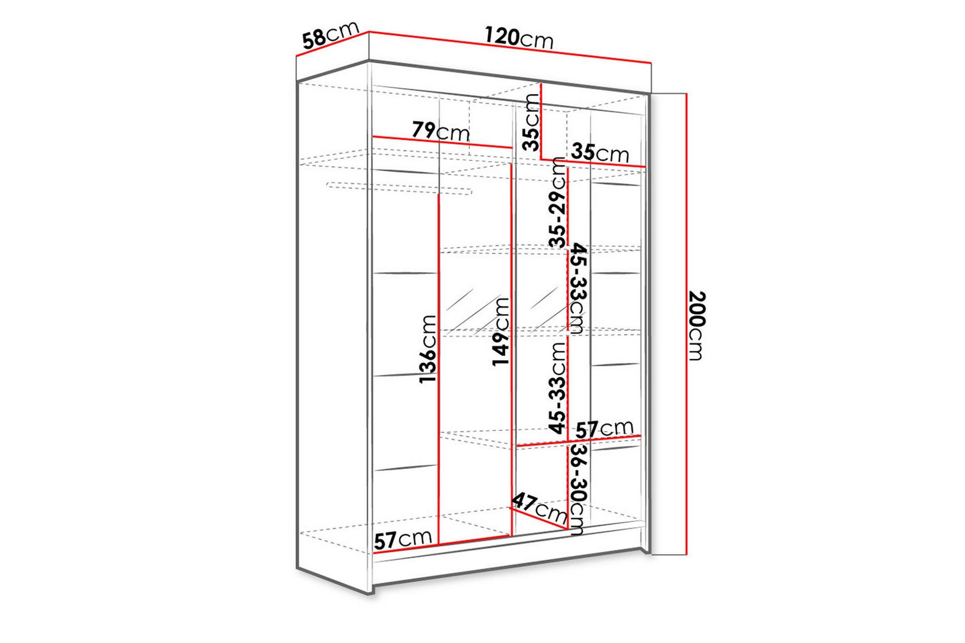 Vaatekaappi peilillä Ottery 120x200 cm - Musta/Valkoinen - Säilytys - Vaatesäilytys - Vaatekaappi