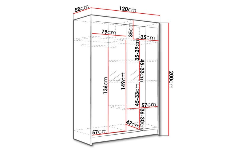 Vaatekaappi peilillä Ottery 120x200 cm - Ruskea/Valkoinen - Säilytys - Vaatesäilytys - Vaatekaappi