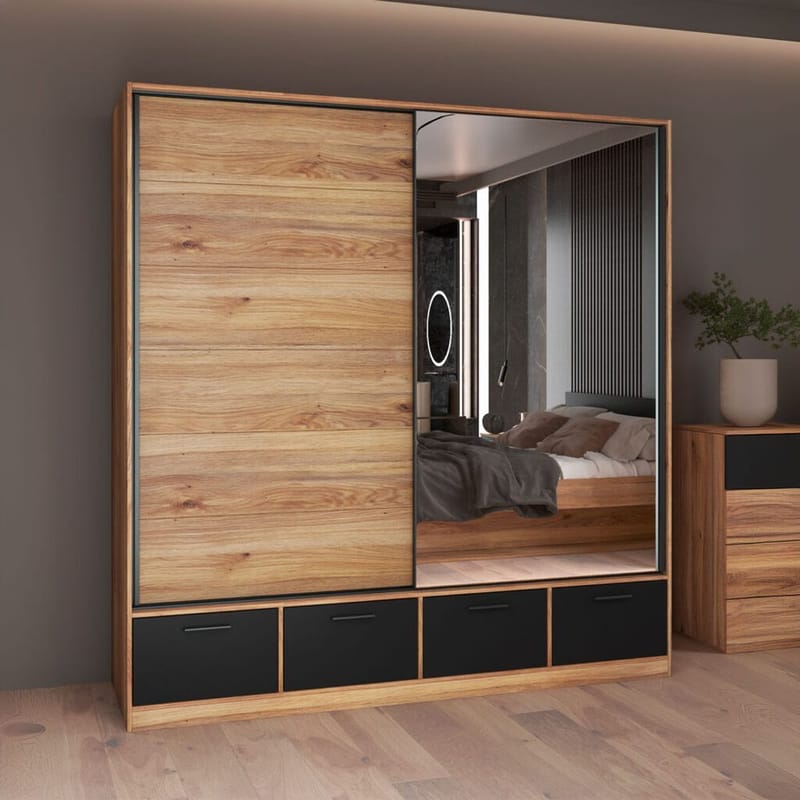 Vaatekaappi peilillä Beta 2 liukuovi ja 4 laatikkoa - Säilytys - Vaatesäilytys - Vaatekaappi