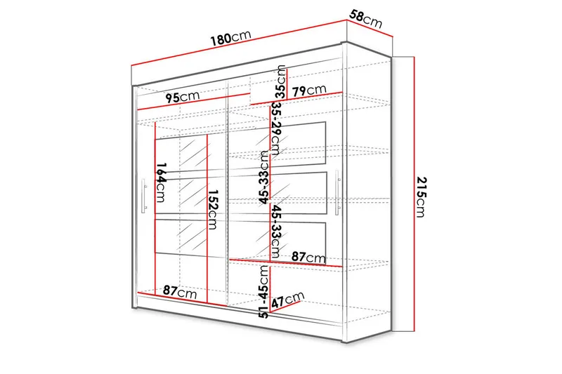 Vaatekaappi peilillä Praha 180x215 cm - Valkoinen - Säilytys - Vaatesäilytys - Vaatekaappi