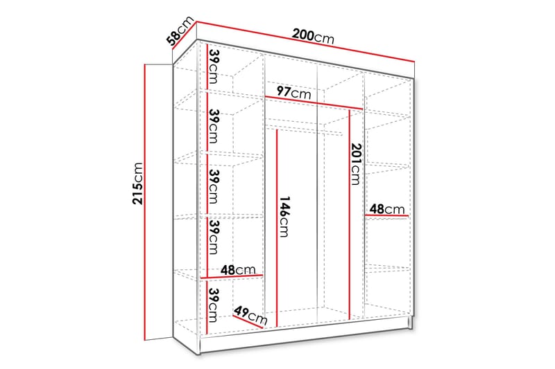 Vaatekaappi peilillä Vadstena 200 cm - Kashmir/Musta - Säilytys - Vaatesäilytys - Vaatekaappi