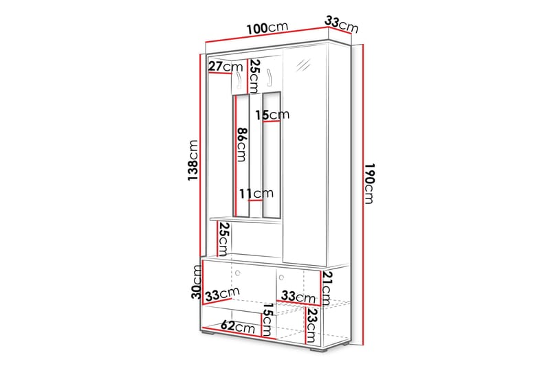 Vaatekaappi Peilillä Huddinge 100 cm - Valkoinen - Säilytys - Vaatesäilytys - Vaatekaappi