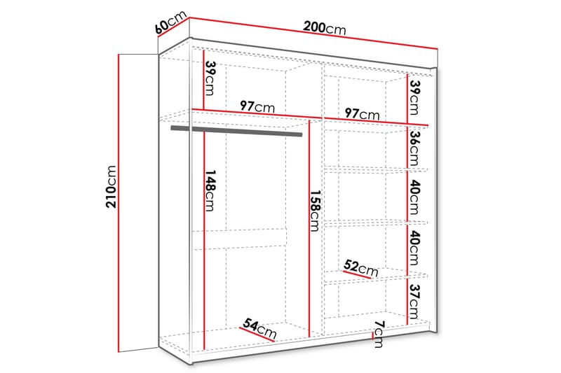 Vaatekaappi peilillä Haparanda 200 cm - Valkoinen - Säilytys - Vaatesäilytys - Vaatekaappi