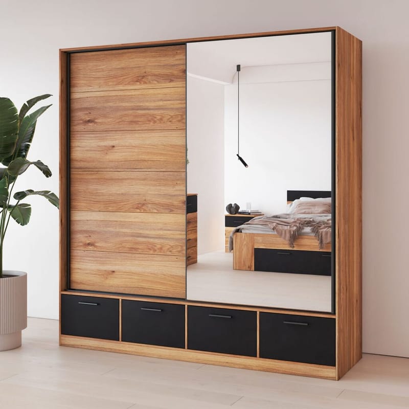 Vaatekaappi peilillä Beta 2 liukuovi ja 4 laatikkoa - Säilytys - Vaatesäilytys - Vaatekaappi