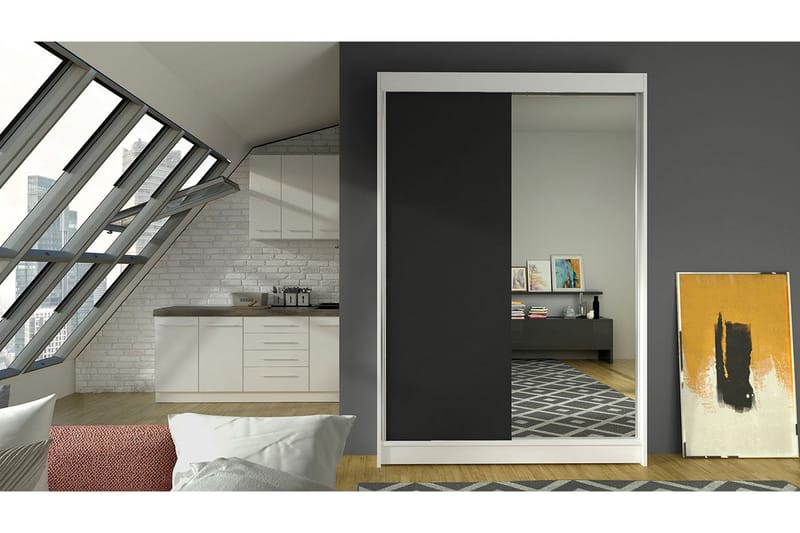 Vaatekaappi peilillä Ottery 120x200 cm - Musta/Valkoinen - Säilytys - Vaatesäilytys - Vaatekaappi