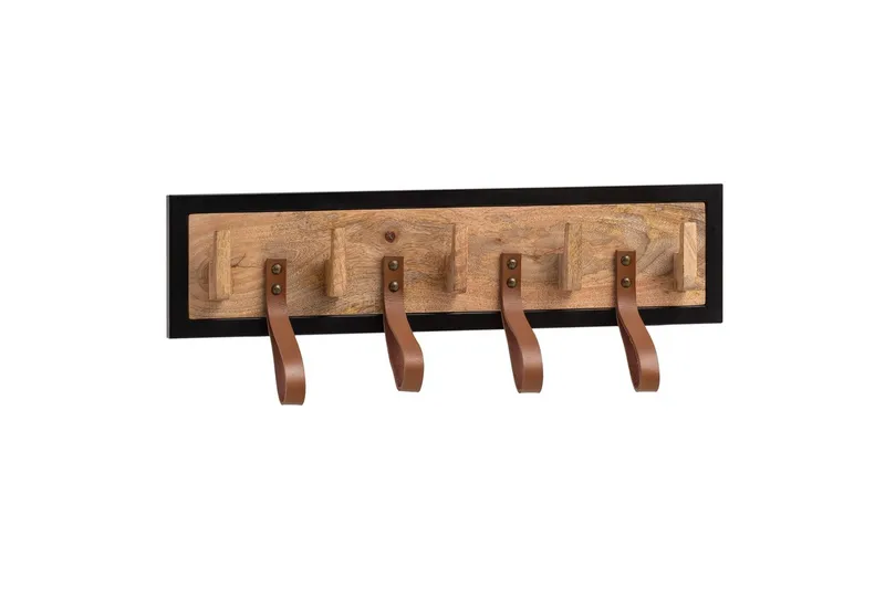 Eteinen Wohnling Seinään Kiinnitettävä Naulakko Mangon Massiivipuusta 5 Massiivipuukoukkua 4 Aitoa Nahkalenkkiä, undefined