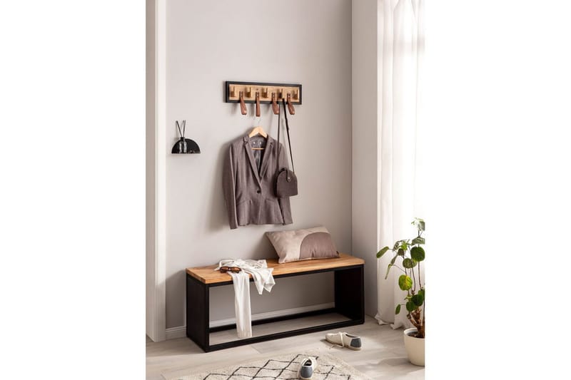 Eteinen Wohnling Seinään Kiinnitettävä Naulakko Mangon Massiivipuusta 5 Massiivipuukoukkua 4 Aitoa Nahkalenkkiä - Säilytys - Vaatesäilytys - Vaatenaulakko