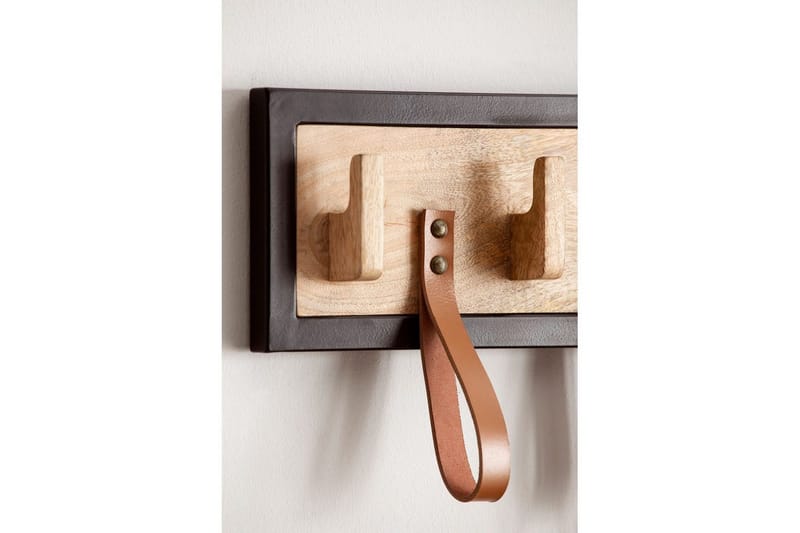 Eteinen Wohnling Seinään Kiinnitettävä Naulakko Mangon Massiivipuusta 5 Massiivipuukoukkua 4 Aitoa Nahkalenkkiä - Säilytys - Vaatesäilytys - Vaatenaulakko