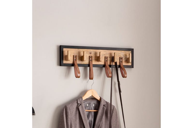 Eteinen Wohnling Seinään Kiinnitettävä Naulakko Mangon Massiivipuusta 5 Massiivipuukoukkua 4 Aitoa Nahkalenkkiä - Säilytys - Vaatesäilytys - Vaatenaulakko
