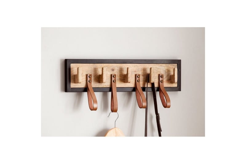 Eteinen Wohnling Seinään Kiinnitettävä Naulakko Mangon Massiivipuusta 5 Massiivipuukoukkua 4 Aitoa Nahkalenkkiä - Säilytys - Vaatesäilytys - Vaatenaulakko