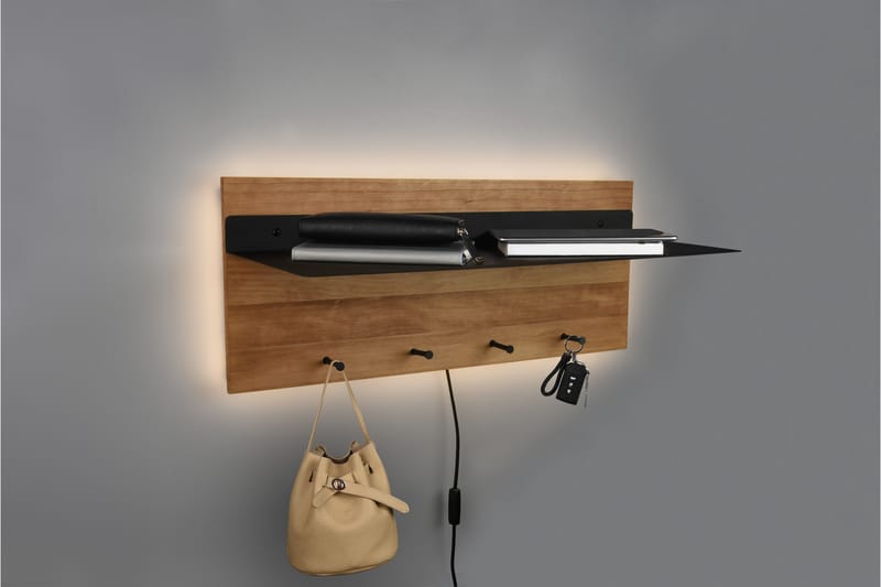 Naulakko Samantha LED-valolla ja hyllyllä 75x30 cm Puu/Musta - Mirrors and more - Säilytys - Vaatesäilytys - Vaatenaulakko - Koukkunaulakot