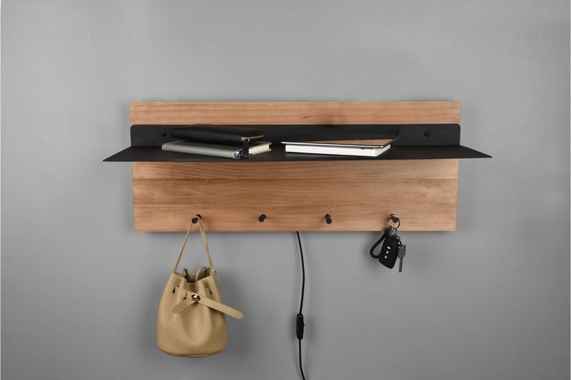 Naulakko Samantha LED-valolla ja hyllyllä 75x30 cm Puu/Musta - Mirrors and more - Säilytys - Vaatesäilytys - Vaatenaulakko - Koukkunaulakot