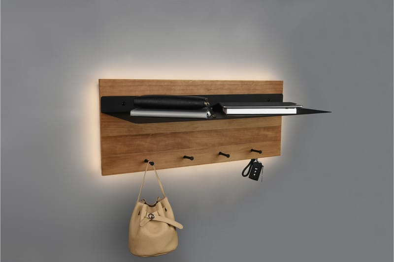 Naulakko Samantha LED-valolla ja hyllyllä 75x30 cm Puu/Musta - Mirrors and more - Säilytys - Vaatesäilytys - Vaatenaulakko - Koukkunaulakot