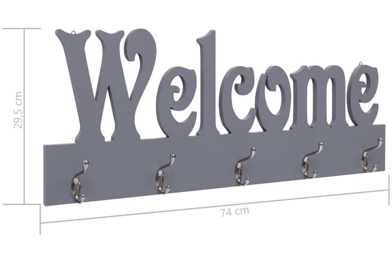 Seinälle kiinnitettävä naulakko WELCOME harmaa 74x29,5 cm - Harmaa - Säilytys - Vaatesäilytys - Vaatenaulakko - Koukkunaulakot