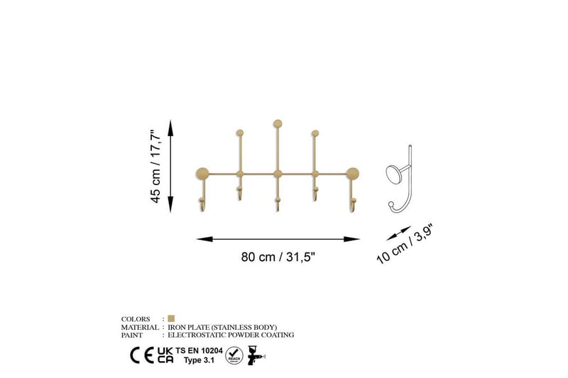 Metallinen Seinäkoukku Ranjita Kulta - Kulta - Säilytys - Vaatesäilytys - Vaatenaulakko