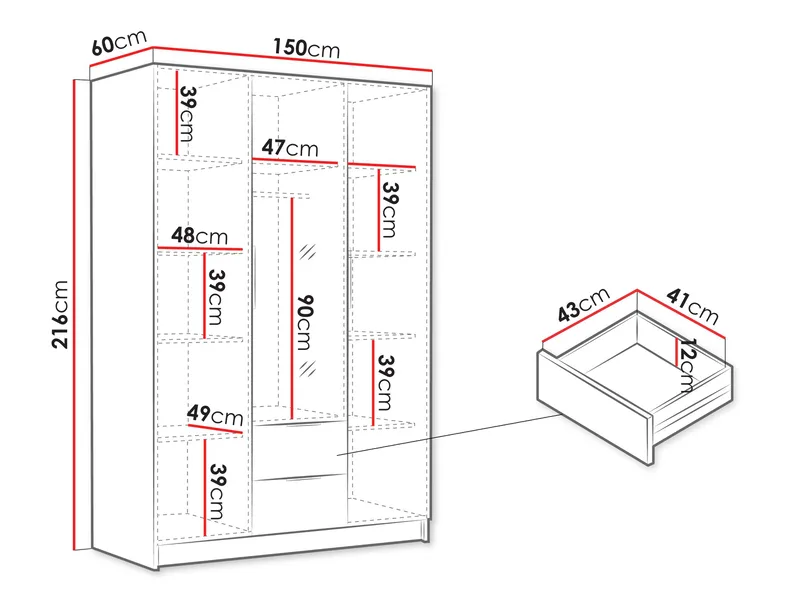 Varros Vaatekaappi peilillä 150x216 cm - Valkoinen - Säilytys - Vaatesäilytys - Vaatekaappi