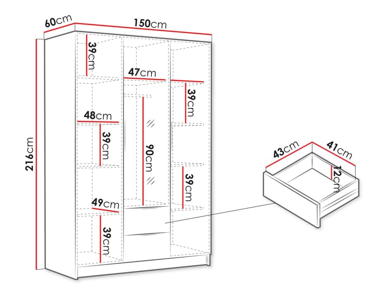 Varros Vaatekaappi peilillä 150x216 cm - Musta - Säilytys - Vaatesäilytys - Vaatekaappi