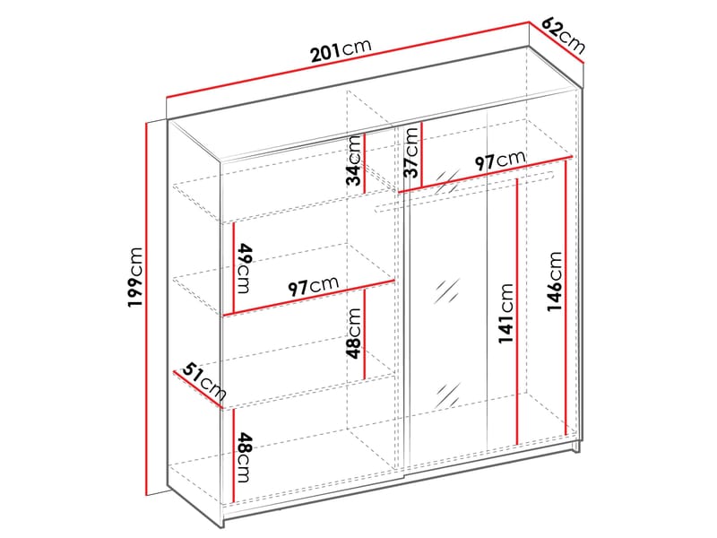 Veylan-vaatekaappi peilillä 201x199 cm - musta - Säilytys - Vaatesäilytys - Vaatekaappi