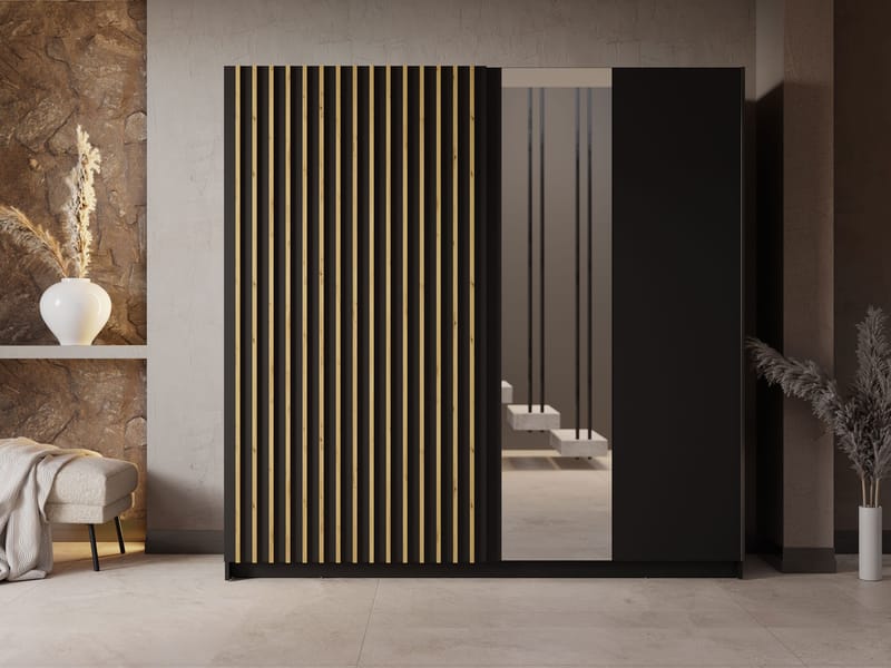 Veylan-vaatekaappi peilillä 201x199 cm - musta - Säilytys - Vaatesäilytys - Vaatekaappi