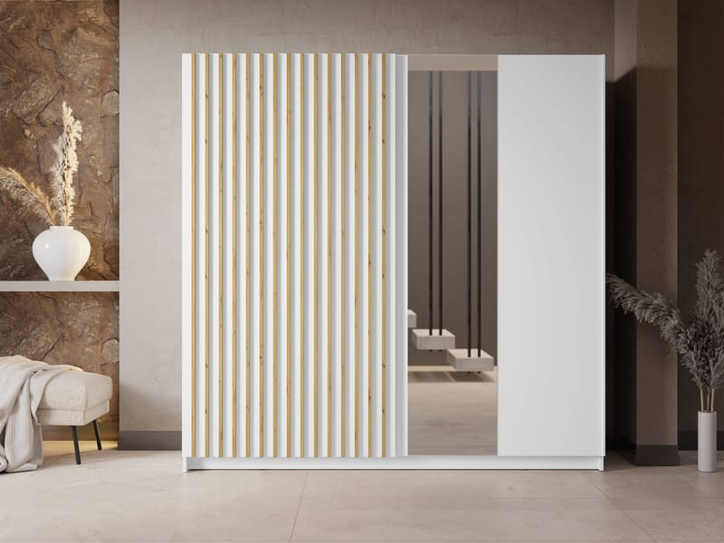 Veylan-vaatekaappi peilillä 201x199 cm - valkoinen - Säilytys - Vaatesäilytys - Vaatekaappi