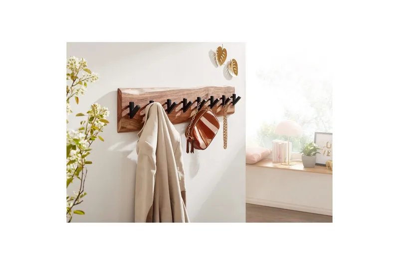 Eteinen Wohnling Seinään kiinnitettävä naulakko, 8 metallikoukkua, oksainen massiivipuu - Sisustustuotteet - Kalustevetimet - Huonekaluhelat