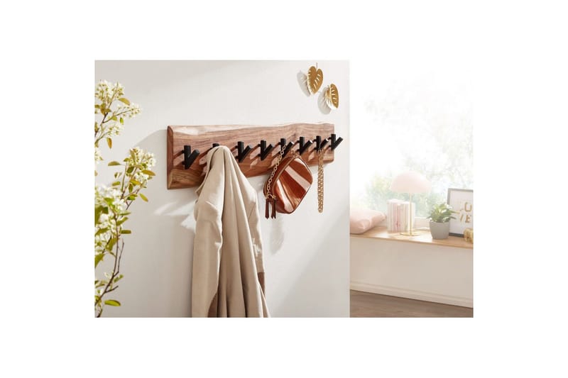 Eteinen Wohnling Seinään kiinnitettävä naulakko, 8 metallikoukkua, oksainen massiivipuu - Säilytys - Vaatesäilytys - Vaatenaulakko - Koukkunaulakot