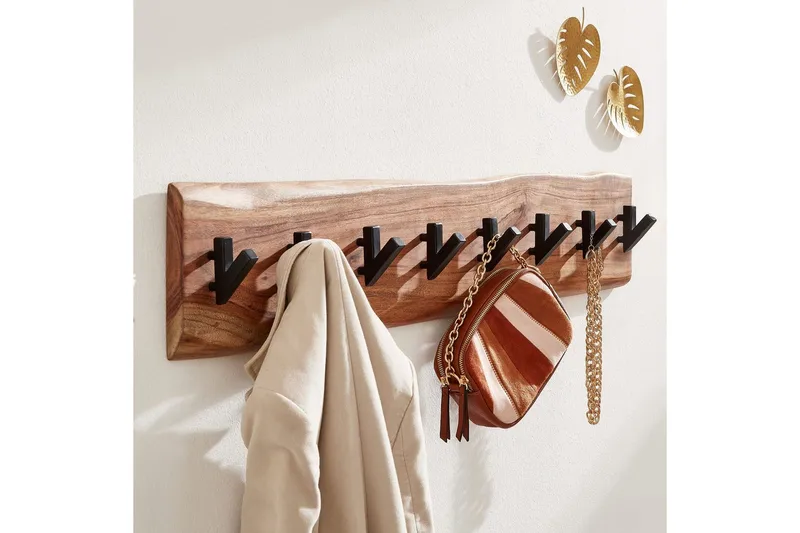 Eteinen Wohnling Seinään kiinnitettävä naulakko, 8 metallikoukkua, oksainen massiivipuu - Sisustustuotteet - Kalustevetimet - Huonekaluhelat