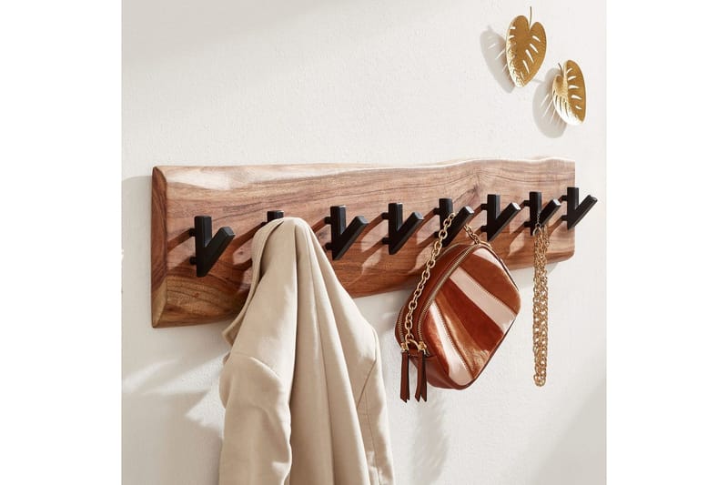 Eteinen Wohnling Seinään kiinnitettävä naulakko, 8 metallikoukkua, oksainen massiivipuu - Säilytys - Vaatesäilytys - Vaatenaulakko - Koukkunaulakot