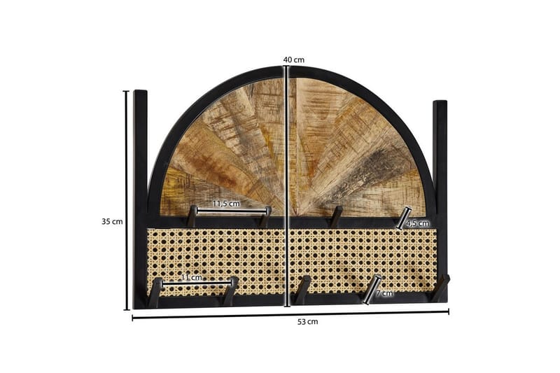 Eteinen Wohnling Seinään Kiinnitettävä Naulakko Mangon Massiivipuusta 2-Rivinen Metallikoukku Teline Jauhemaalattu - Säilytys - Vaatesäilytys - Vaatenaulakko - Koukkunaulakot
