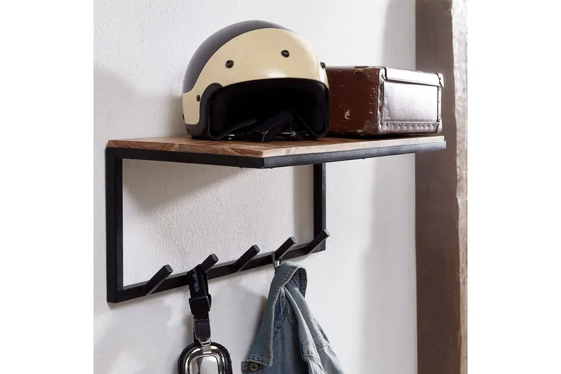 Seinähylly Wohnling Massiivipuinen metallinen seinään kiinnitettävä naulakko 70 cm teollinen - Sisustustuotteet - Kalustevetimet - Huonekaluhelat