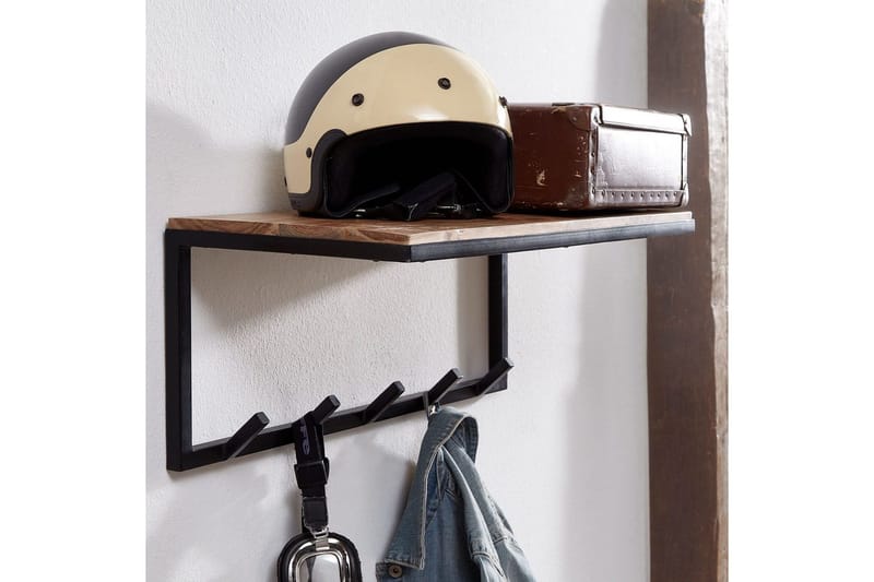 Seinähylly Wohnling Massiivipuinen metallinen seinään kiinnitettävä naulakko 70 cm teollinen - Säilytys - Vaatesäilytys - Vaatenaulakko - Koukkunaulakot