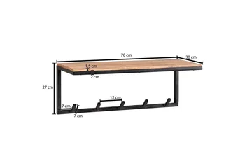 Seinähylly Wohnling Massiivipuinen metallinen seinään kiinnitettävä naulakko 70 cm teollinen - Säilytys - Vaatesäilytys - Vaatenaulakko - Koukkunaulakot