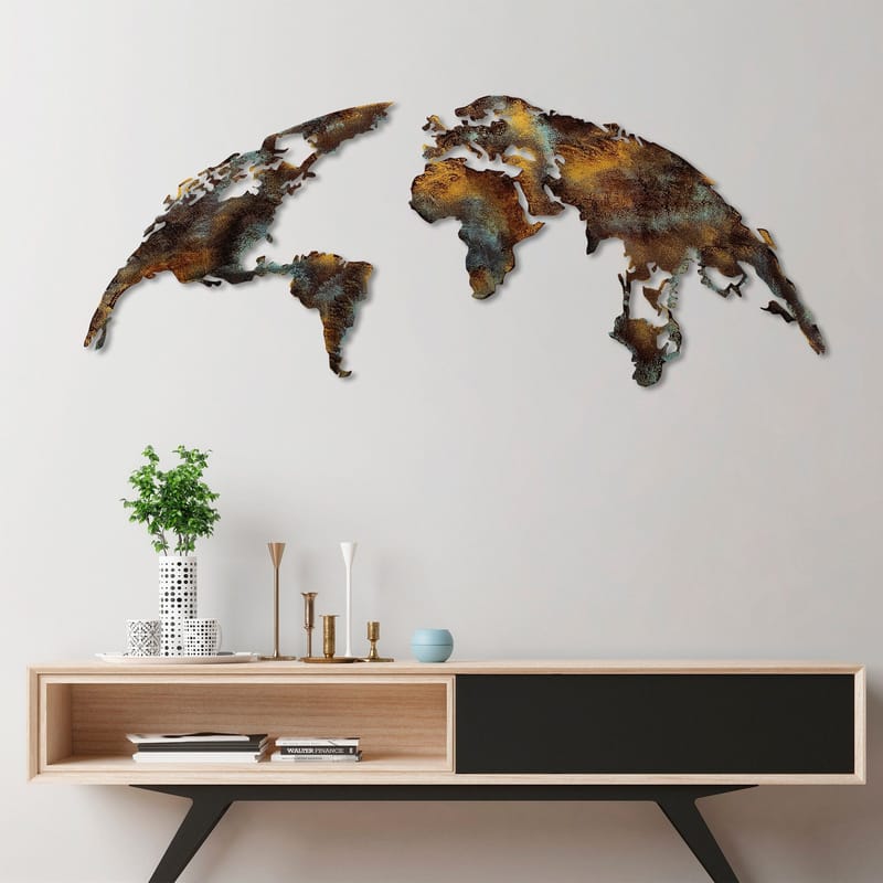 Koristeellinen metallinen seinäkoriste Wallxpert Maailmankartta (150 x 59 cm) Tummanruskea - Monivärinen - Sisustustuotteet - Taulu & taide