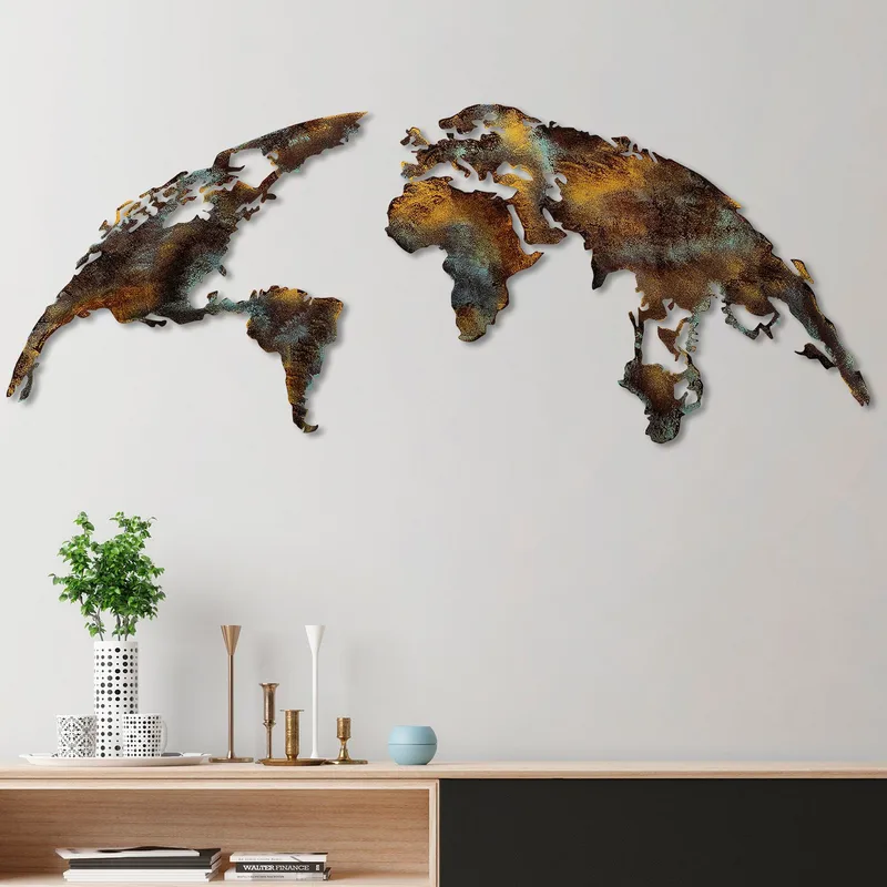 Koristeellinen metallinen seinäkoriste Wallxpert Maailmankartta (150 x 59 cm) Tummanruskea - Monivärinen - Sisustustuotteet - Taulu & taide