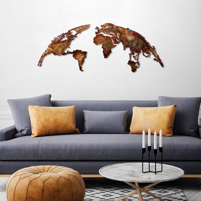 Koristeellinen metallinen seinäkoriste Wallxpert Maailmankartta (150 x 59 cm) Vaaleanruskea - Sisustustuotteet - Taulu & taide