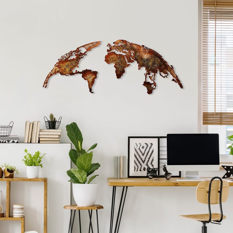 Koristeellinen metallinen seinäkoriste Wallxpert Maailmankartta (150 x 59 cm) Vaaleanruskea - Sisustustuotteet - Taulu & taide