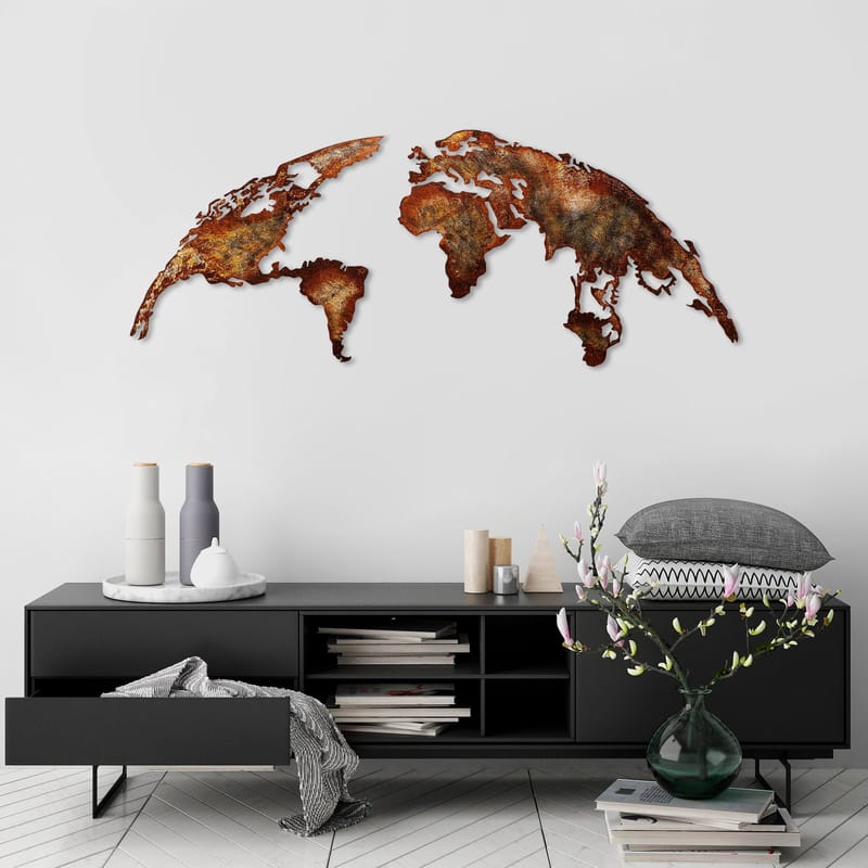 Koristeellinen metallinen seinäkoriste Wallxpert Maailmankartta (150 x 59 cm) Vaaleanruskea - Sisustustuotteet - Taulu & taide