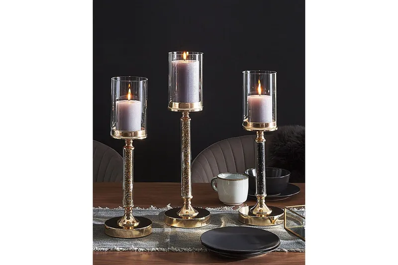 Ljusstake Beliani Abbeville Guld, 13x13x41 cm Black||GOLD - Sisustustuotteet - Kynttilä & tuoksut - Kynttilänjalat & lyhdyt