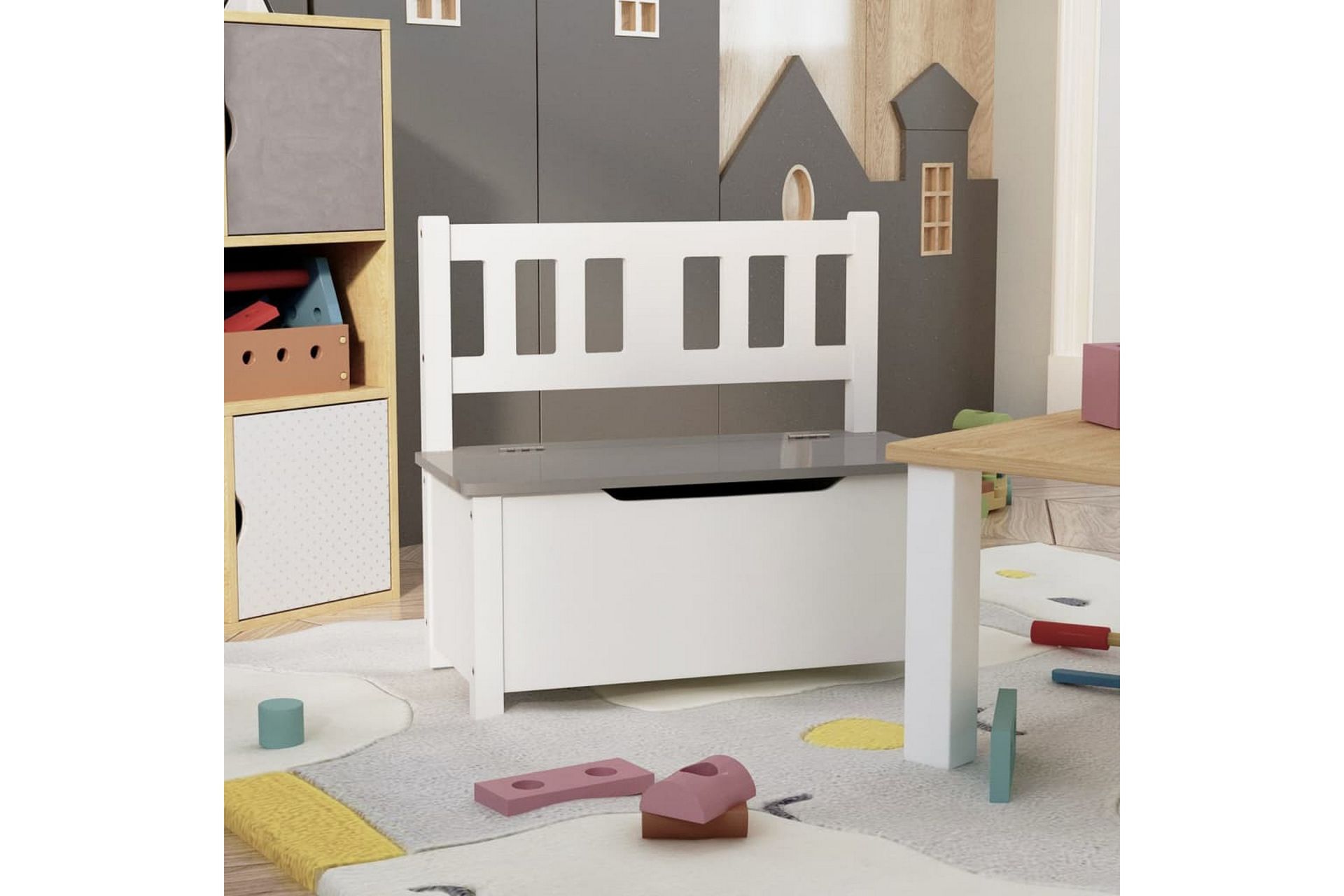 Lasten säilytyspenkki valkoinen ja harmaa 60x30x55 cm MDF - Valkoinen - Sisustustuotteet - Lastenhuoneen sisustus - Lastenhuonesäilytys