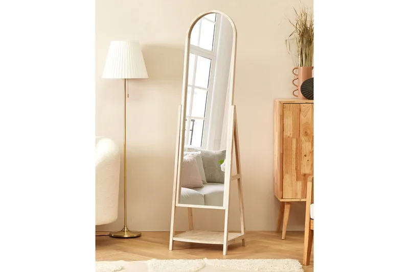 Golvspegel med hylla Beliani Chambery Light colored wood - Sisustustuotteet - Peili - Lattiapeili