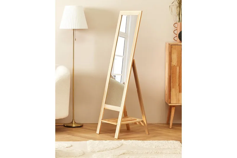 Golvspegel med hylla Beliani Luisant Light brown - Sisustustuotteet - Peili - Lattiapeili